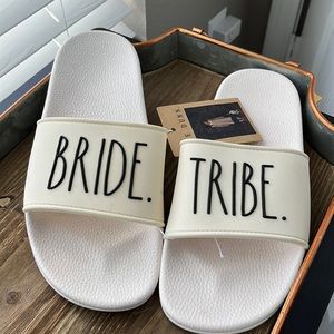 New Rae Dunn White BRIDE TRIBE pool slides women size 7 (ivory)